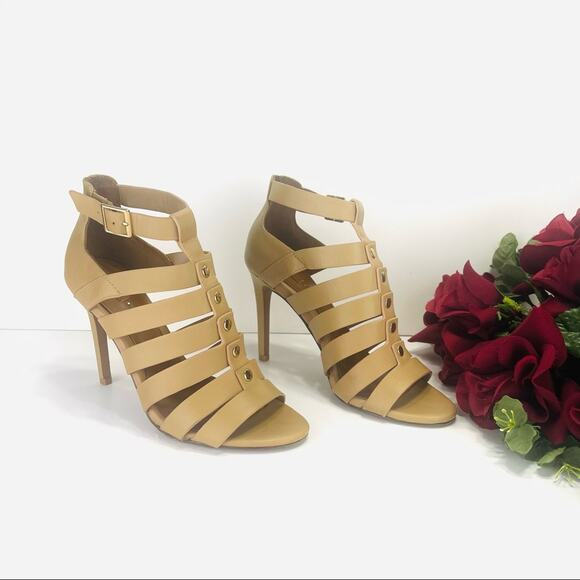 Aldo Strappy Stiletto Sandals/Booties Size 7.5 Tan Leather Open Toe High Heels - Picture 2 of 16